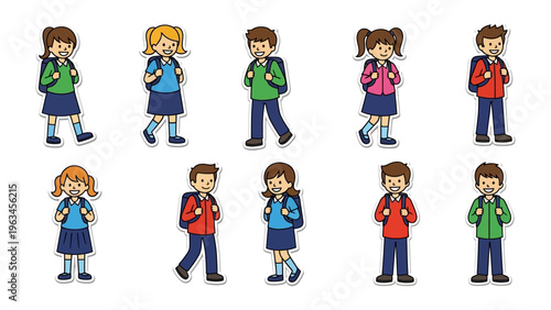 School Children Ready For Education: A vibrant and diverse group of schoolchildren, each with a backpack, stands ready for a day of learning and exploration in an educational environment.
