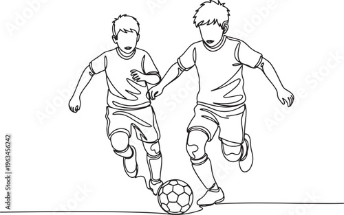 Two boys playing soccer in the field with a ball and running in action continuous line hand-drawn vector illustration