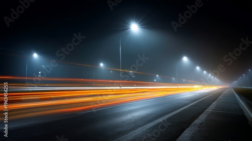Long Exposure Night Scene of Street with Light Trails and Fog
