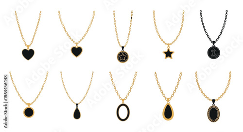 Collection of delicate gold and black necklaces with various pendants