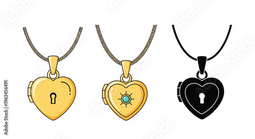Three heart shaped lockets illustrated in color and black and white