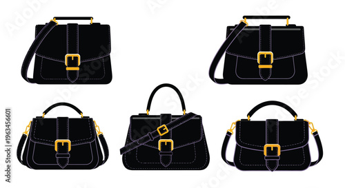 Elegant black handbags with gold hardware presented in various styles