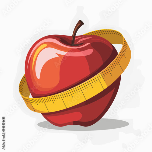 Vibrant red apple wrapped in a yellow measuring tape symbolizing healthy dieting weight loss and nutrition goals isolated on a clean white background for graphic design
