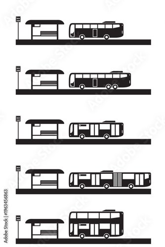 Public transport vehicles at a bus stop - vector illustration