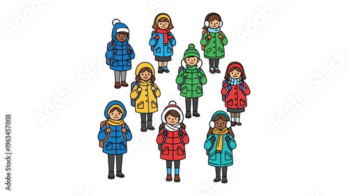 Winter's Embrace: A group of diverse children are wearing cozy winter coats, ready to embrace the chilly weather. It shows a heartwarming scene of kids wearing winter attire, preparing for the snow. 