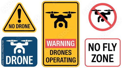 Warning signs indicating restrictions on drone operations in specific zones Vector, illustration
