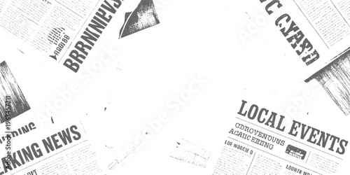 Scattered grey newspaper pages with headlines and text fragments on white background breaking local events