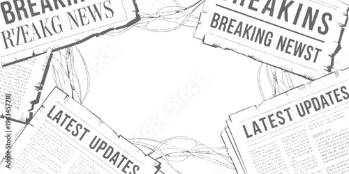 Overlapping newspapers with breaking news and latest updates headlines in grayscale