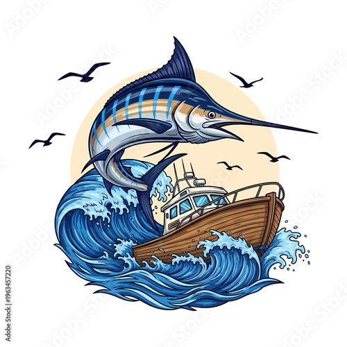 illustration of a leaping striped marlin over a fishing boat with sea waves and seagulls.