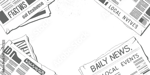 Four grey newspapers with bold headlines and text arranged in a scattered pattern on a white background