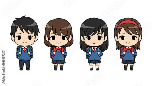 School Days Illustration: Cute cartoon students stand together, ready for their lessons, dressed in their uniforms, backpacks, full of anticipation.