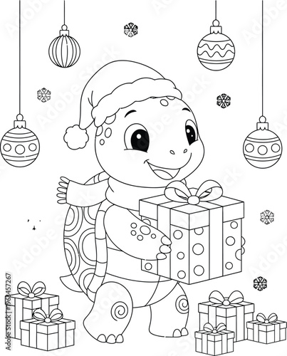 Cute Baby Dinosaur Holding Christmas Gifts Cartoon Illustration, Festive Holiday Coloring Page with Ornaments, Snowflakes and Presents for Kids