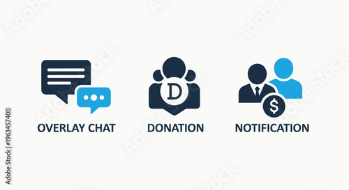 Streaming icons: overlay chat bubble, donation box, notification bell for live broadcasting and monetization