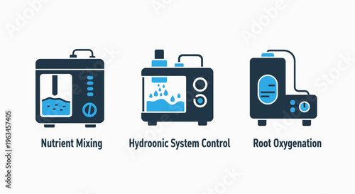 Hydroponic system icons: nutrient mixing, control, and oxygenation technology, food production, urban farming