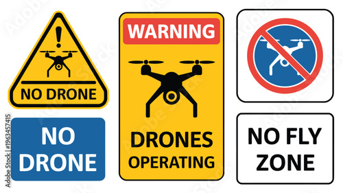 Signs indicating drone usage restrictions and operational zones in public areas Vector, illustration