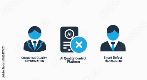 Ai quality control platform with icons representing optimization, defect management, and business people