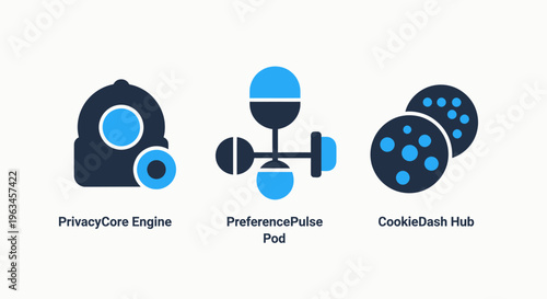 Privacy core engine, preference pulse pod, and cookie dash hub icons for data protection and user settings