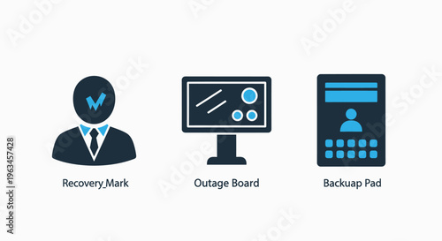 Recovery vault icon with checkmark, outage board, and backup tool for data protection and system resiliency