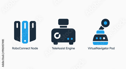 Technology icons representing servers, a scanner, and a robotic arm for it infrastructure, data processing, and automation