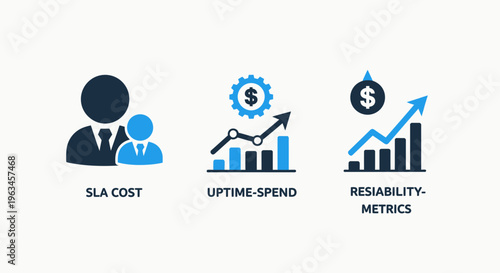 Business performance metrics icons: sla cost, uptime spend, reliability with graphs and people silhouettes, finance concept