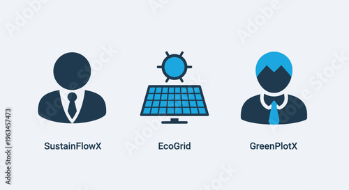 Business and green energy icons: sustainability, solar power, and employee profile symbols for eco-friendly business solutions