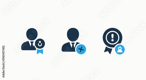 User profile icons: award, add user, and security lock with exclamation mark for account management and verification concepts