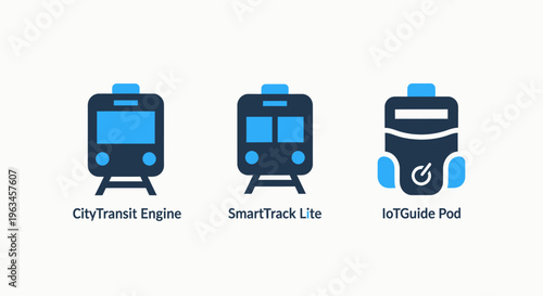 Transportation technology icons: train, smart track, iot pod for modern transit systems