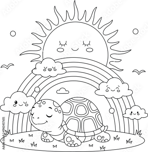 Cute Sleeping Turtle Under Rainbow with Sun Cartoon Illustration, Adorable Kids Coloring Page with Smiling Clouds and Nature Scene for Children Activity Book