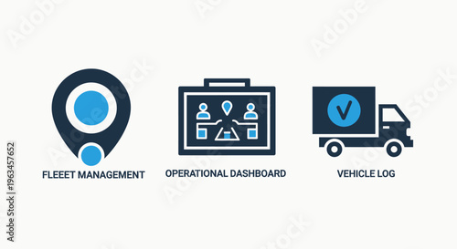 Logistics and transport icons: fleet management, operational dashboard, and vehicle log for business operations