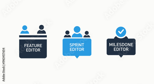 Software development project management icons: feature, sprint, and milestone editor for agile workflow