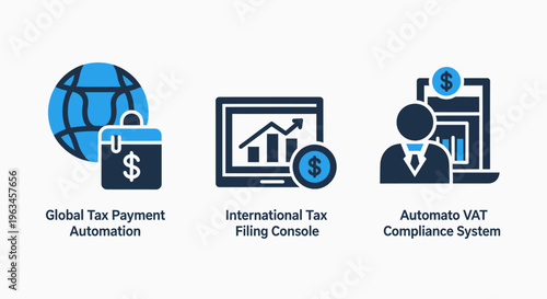 Financial technology icons: global tax payment automation and international vat compliance systems