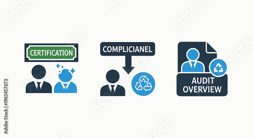 Business icons: certification, compliance, and audit overview symbolizing legal approval, regulatory adherence, and financial review for corporate success