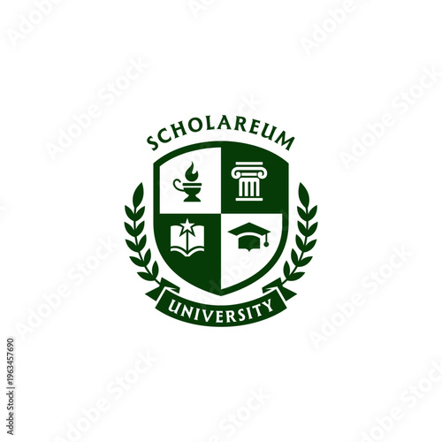 Scholareum university logo featuring academic symbols in a shield. Ideal for educational institutions, online courses, academic publications, and university merchandise.