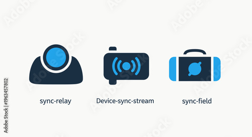 Stream sync and field icons: user, broadcast device, and data transfer graphics representing technology and connectivity