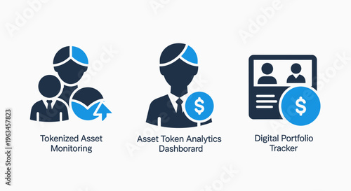 Finance and investment icons: users monitoring token portfolios, analytics dashboard, and digital tracking tools