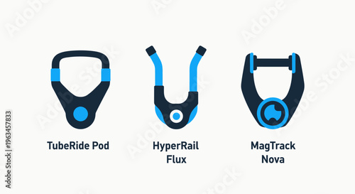 Advanced transport pods icons: tube ride pod, hyper rail flux, mag track nerva for futuristic travel and mobility - vector illustration, white background