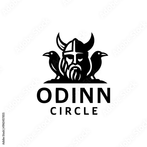 Odin circle logo with viking and ravens great for a brand symbolizing strength, wisdom, and norse mythology inspired themes.