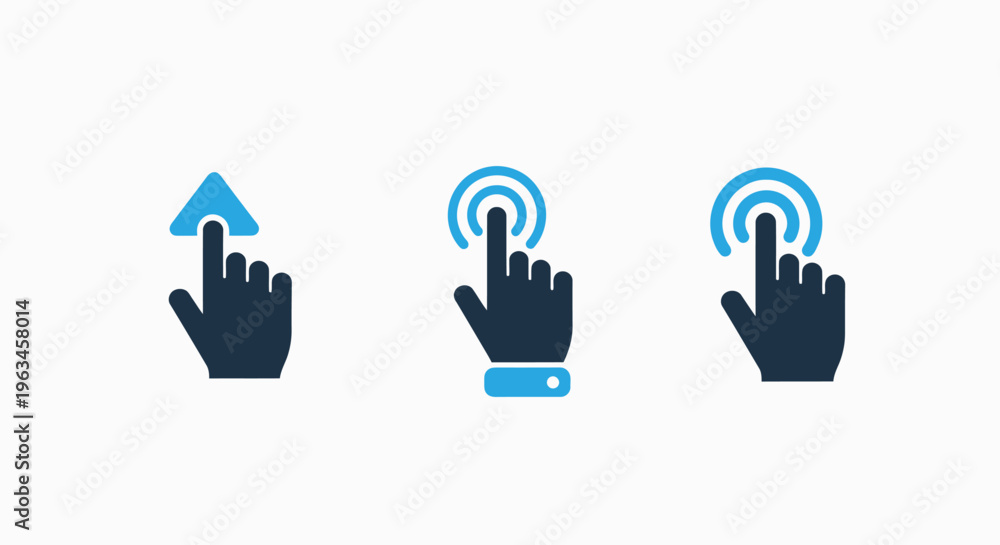 Fototapeta premium Digital touch gesture icons illustrating swipe up, tap, and click actions for user interface and mobile application design