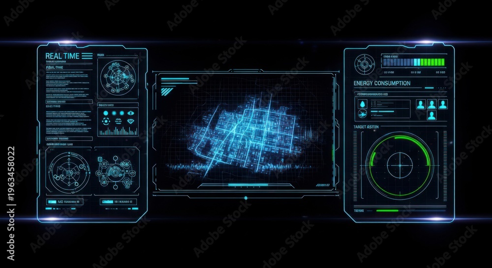Fototapeta premium Futuristic HUD, cyberpunk interface, neon blue screens, virtual dashboard