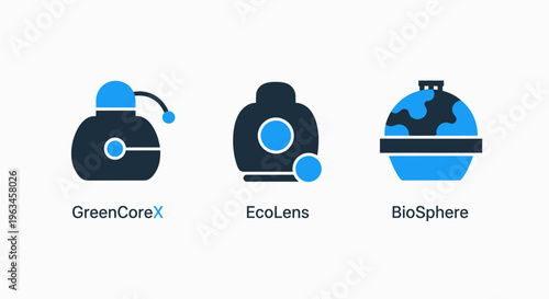 Sustainable eco-friendly product and environmental concept vector icons set featuring green care, eco lens, and biosphere