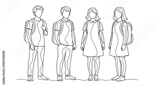 School Companions: A captivating illustration portrays a group of students, standing side by side, their silhouettes defined by elegant lines, ready for a new educational adventure.