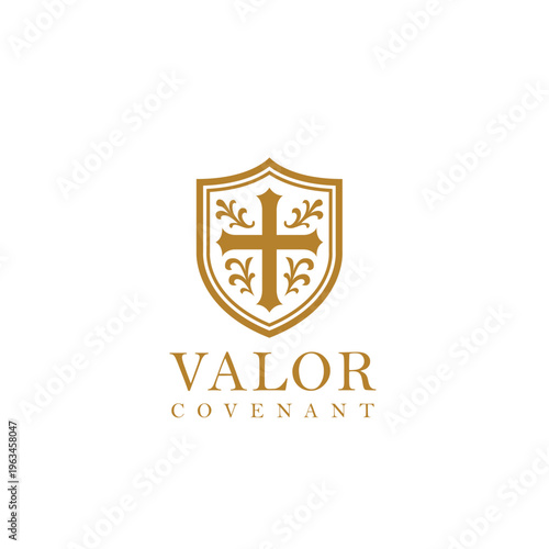 Valor covenants logo features shield, cross, and ornate flourishes. Ideal for organizations, churches, or brands wanting a strong, traditional emblem.