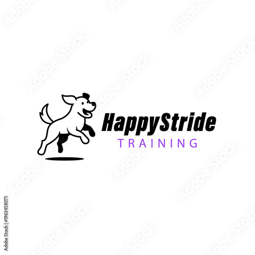 Dog named happystride training in black purple, suitable for pet training blogs, advertisements, dog training classes, and animal welfare campaigns.