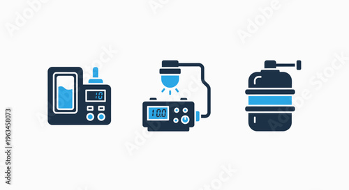 Laboratory equipment and industrial devices icons for science, research, manufacturing, and medical technology