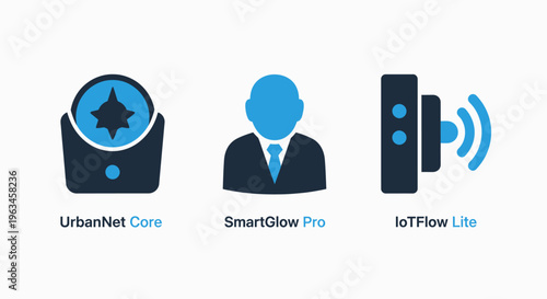 Urban smart systems and iot technology icons with network core, smart glow, and iot flow concepts