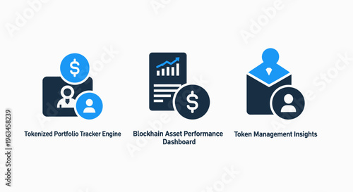 Business finance and management icons set with sales engine, asset performance dashboard, and token console concepts