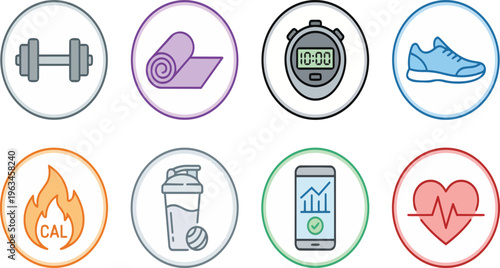 A set of colorful fitness icons on transparent background