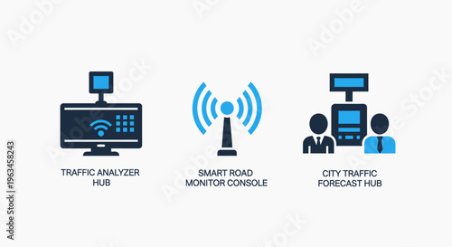Smart city and iot technology icons set with home control, road network, and city traffic forecast hub concepts