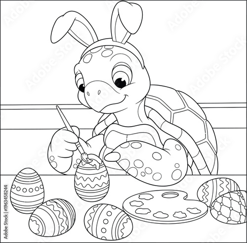 Cute Turtle Painting Easter Eggs Cartoon Illustration, Adorable Animal Coloring Page with Bunny Ears, Art Activity Scene for Kids Easter Holiday Book
