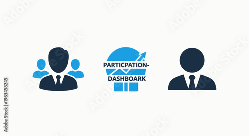 Business and hr management icons for team collaboration hub, participation dashboard, and employee success portal